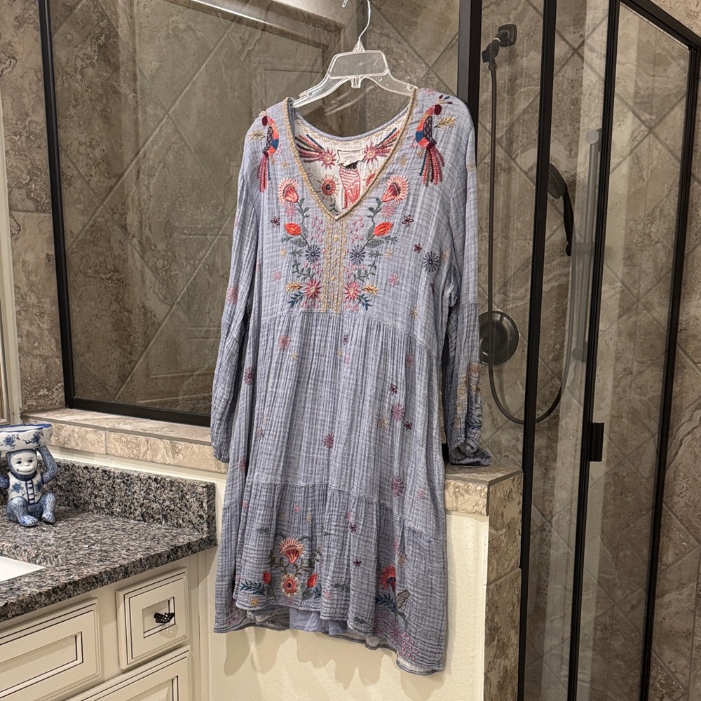 Johnny Was Light Blue Embroidered Tiered Dress
